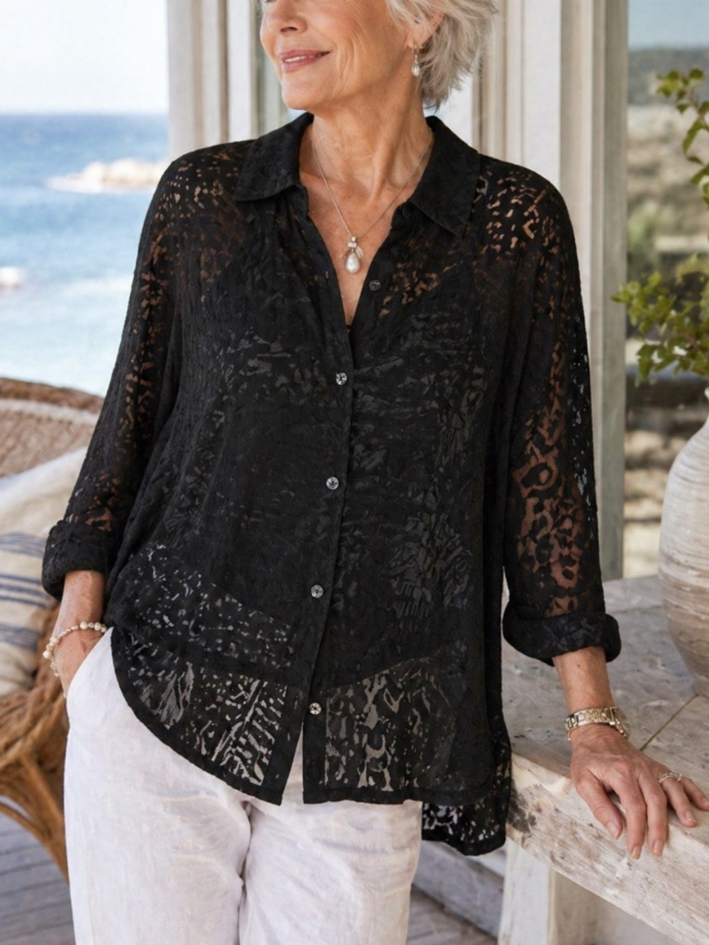 Susan Graver Sheer Burnout Button Front Tunic Blouse Black Layering Classic 2X